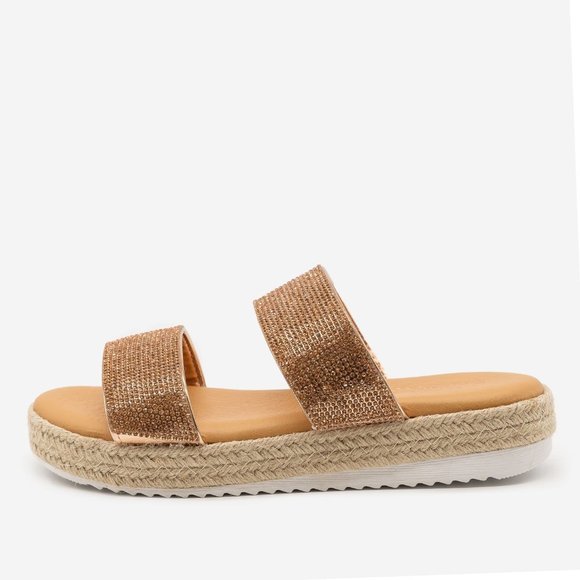 NEW Rose Gold Rhinestone Espadrille Slide Open Toe - Picture 2 of 3